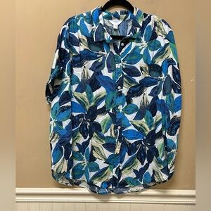 Time & Tru Floral Linen Blend Short Sleeve Button Down Shirt Size XL